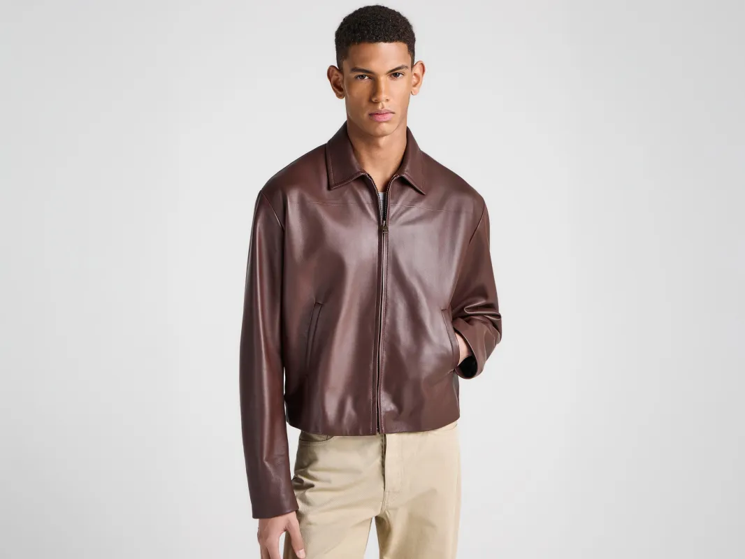 MENS BLOUSON LEATHER JACKET IN CHOCOLATE BROWN made by J.W. Anderson