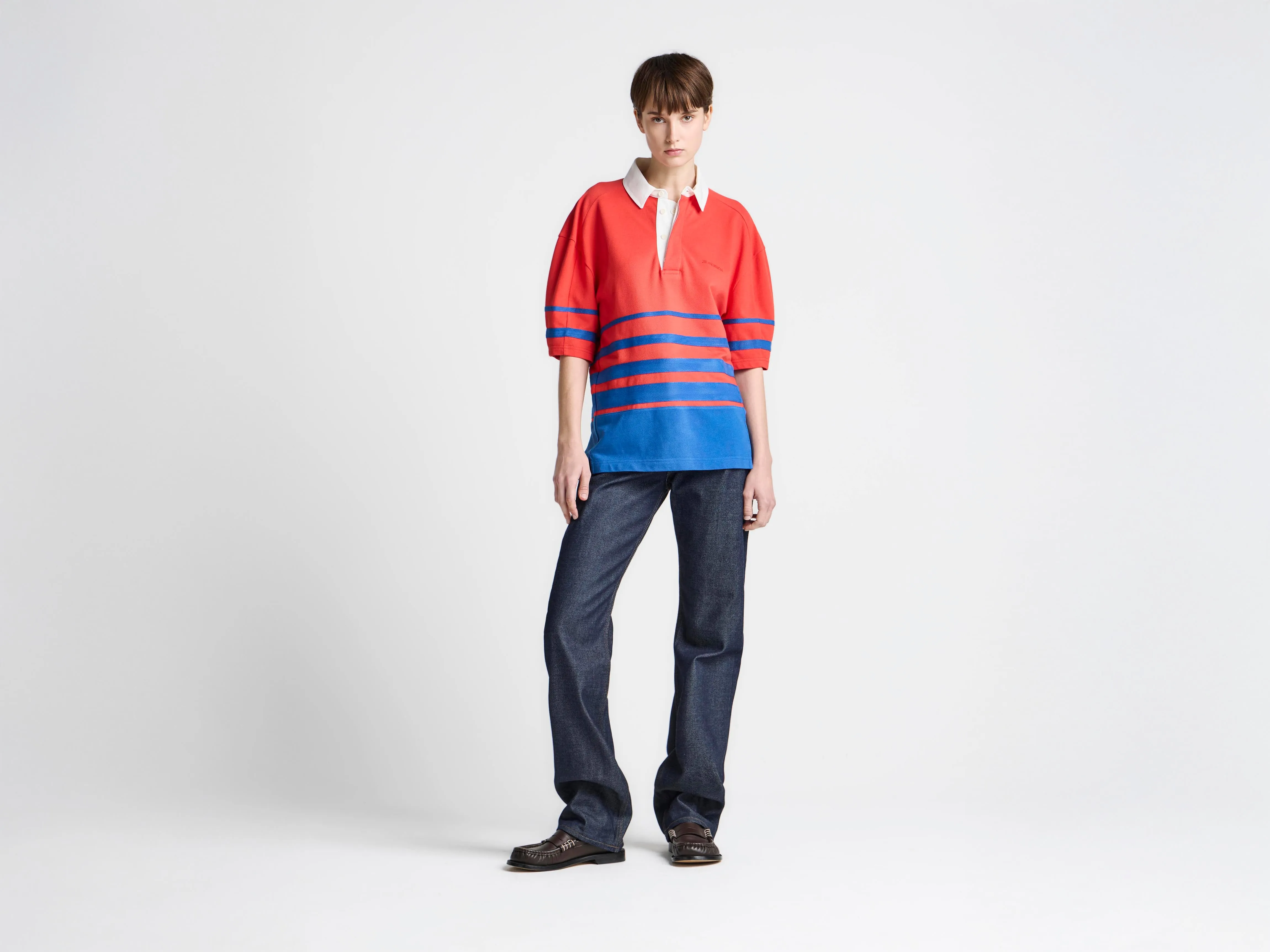 WOMENS STRIPED RUGBY POLO TOP IN IN RED & BLUE sold by J.W. Anderson