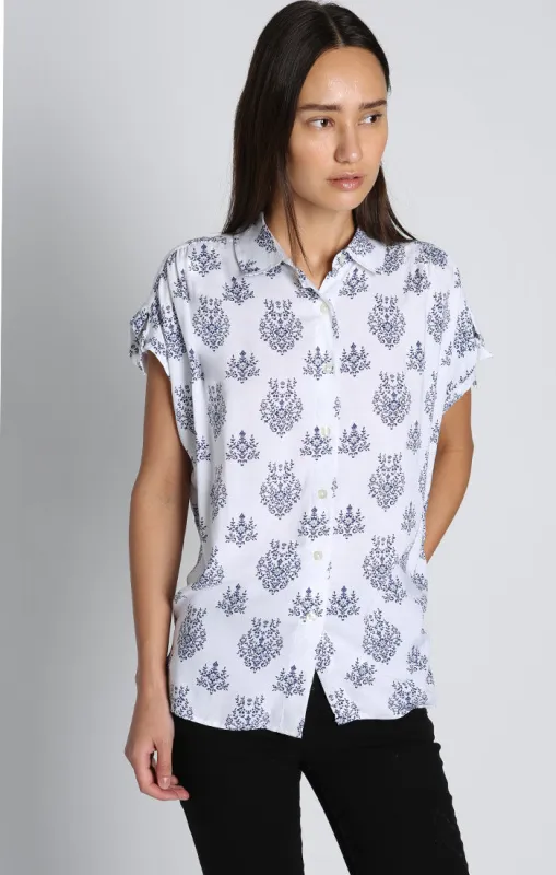 Medallion Print Short Sleeve Tie Blouse sold by Jachs