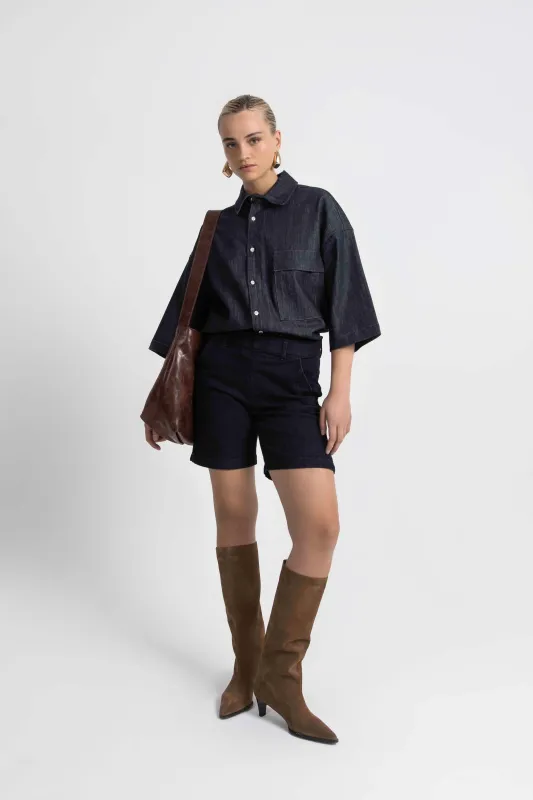 Maddie Mid Rise 8" Pull-On Short Adriatic Blue sold by Jag Jeans