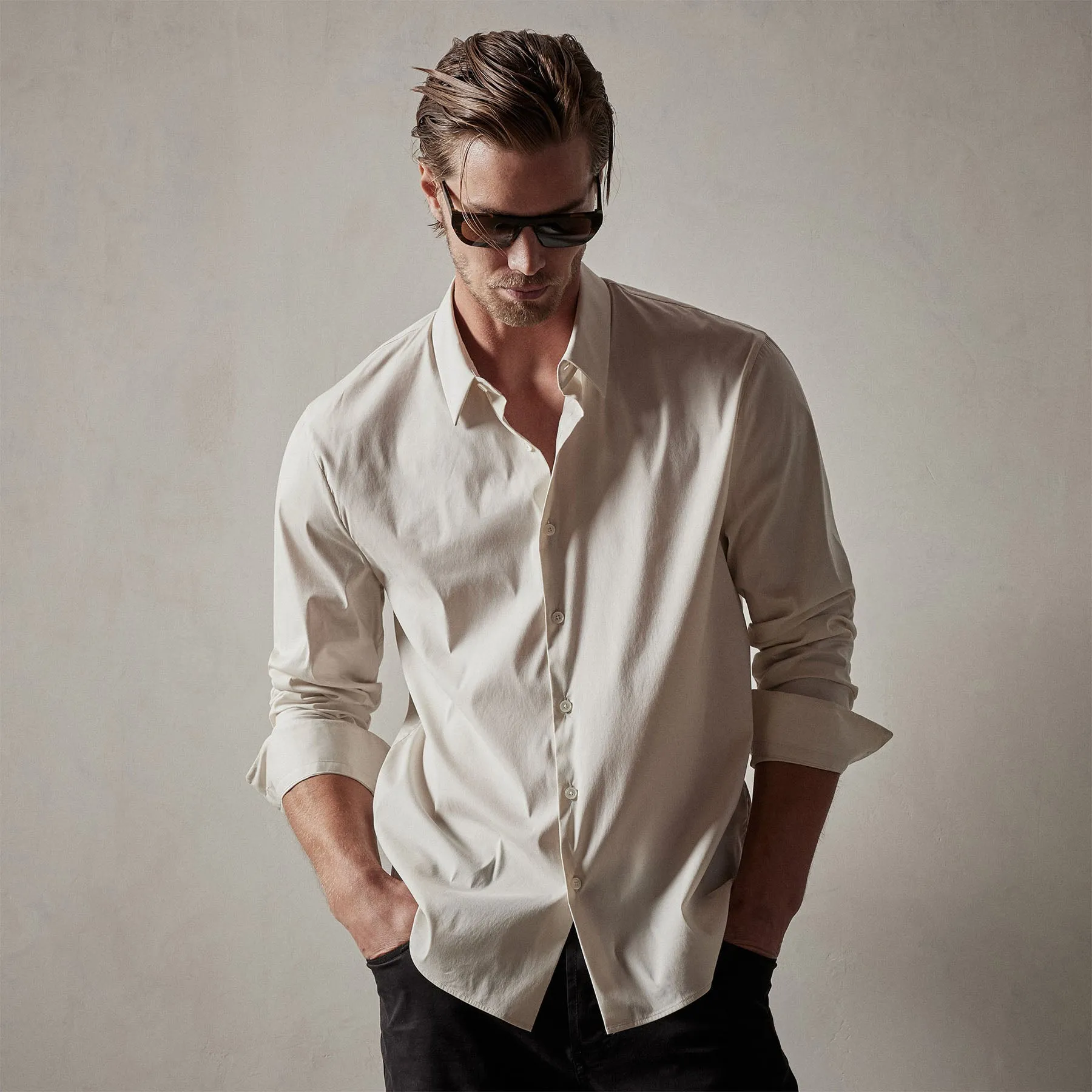 Matte Stretch Poplin Dress Shirt - Sand sold by James Perse