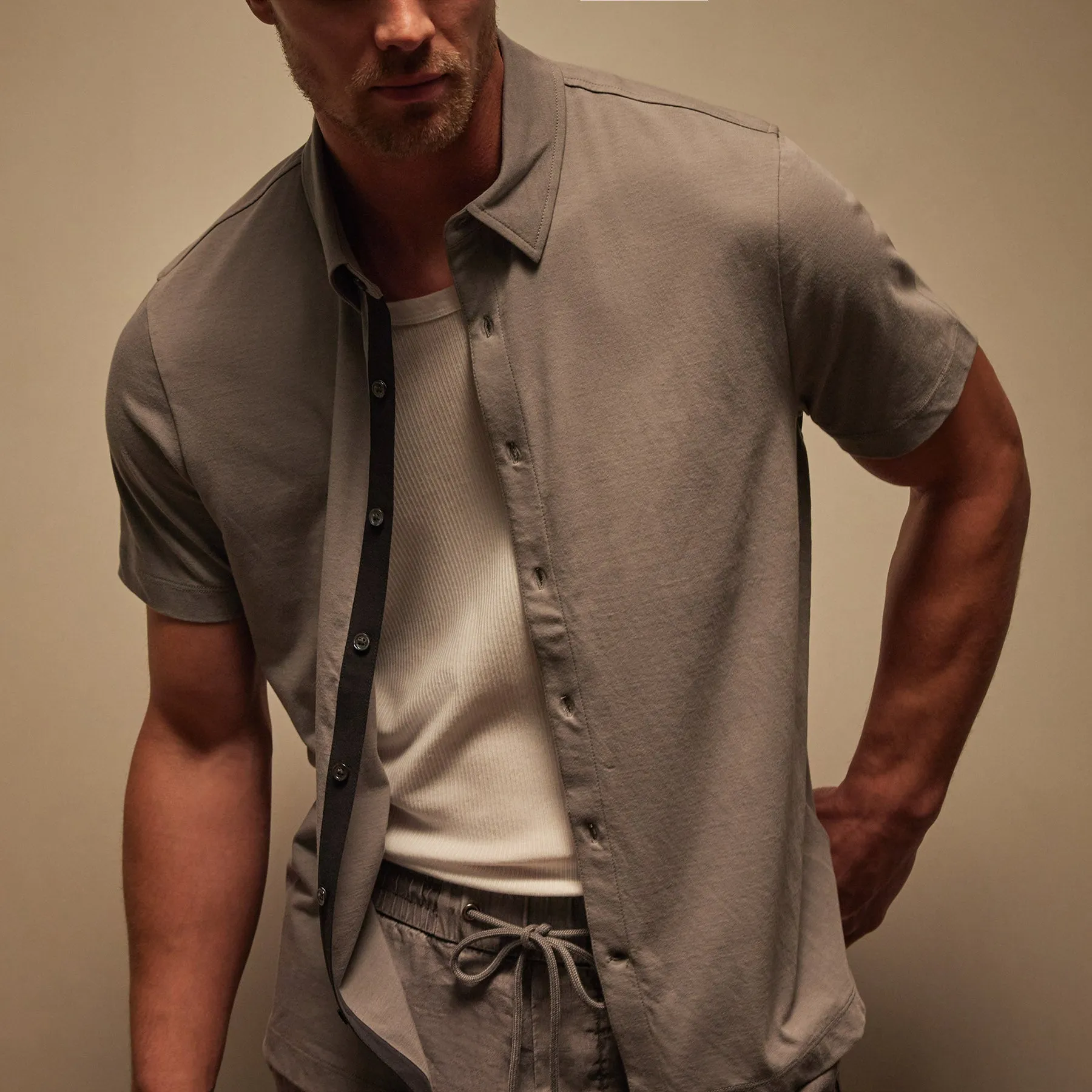 Clean Contrast Placket Short Sleeve - Silver Grey/Magma sold by James Perse
