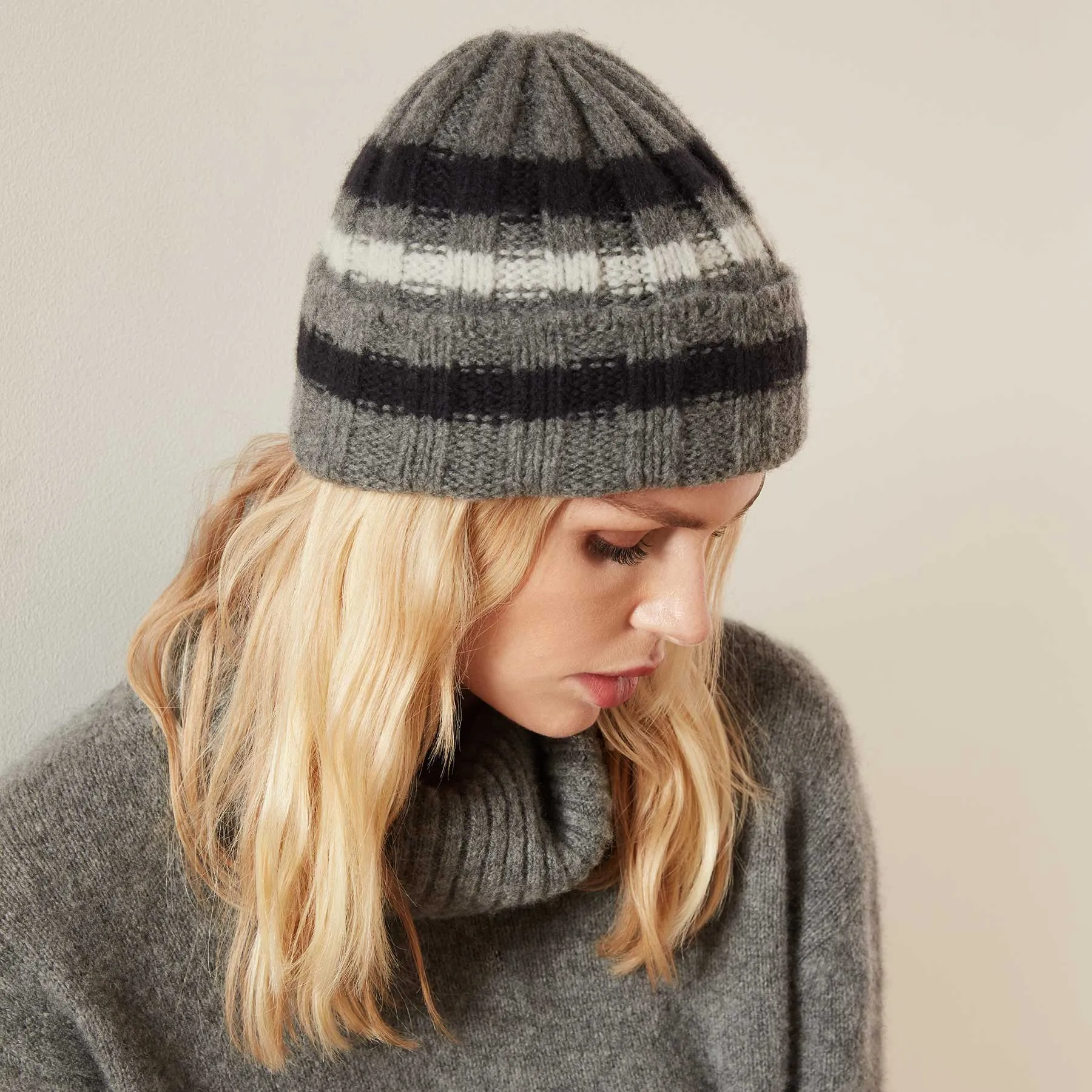 Stripe Cashmere Beanie - Thunder/Black/Mist sold by James Perse product image thumbnail 3