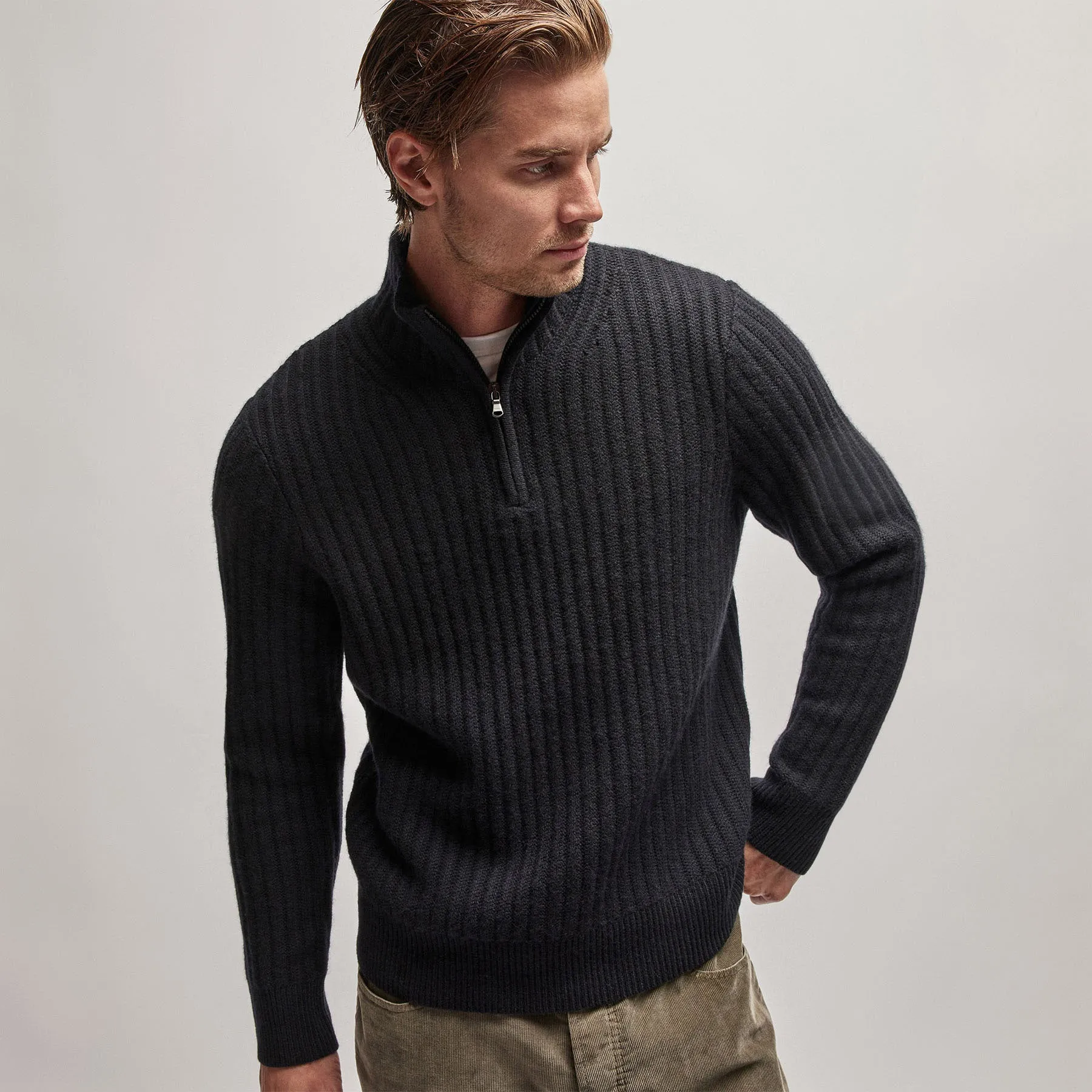 Cashmere Rib Half Zip Sweater - Black sold by James Perse