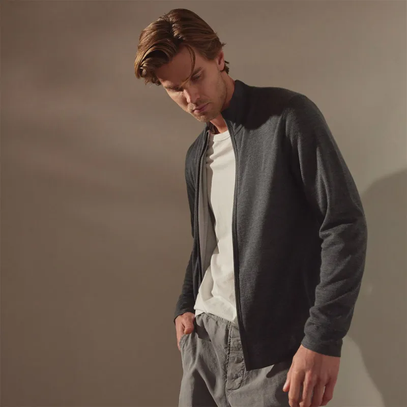 Lightweight Fine Gauge Cashmere Zip Up - Charcoal/stone sold by James Perse