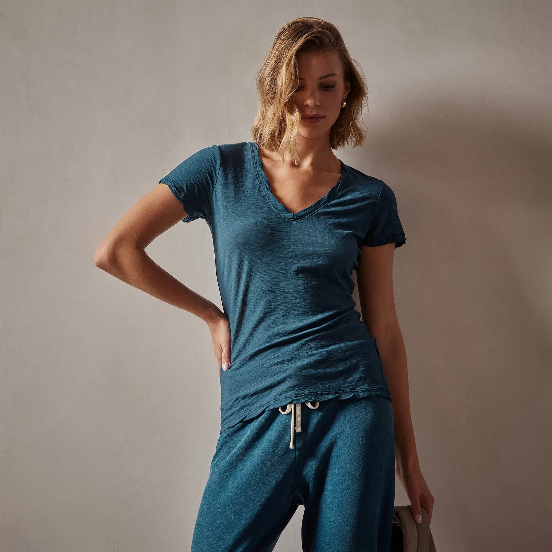 Sheer Slub Casual V Neck - Teal sold by James Perse
