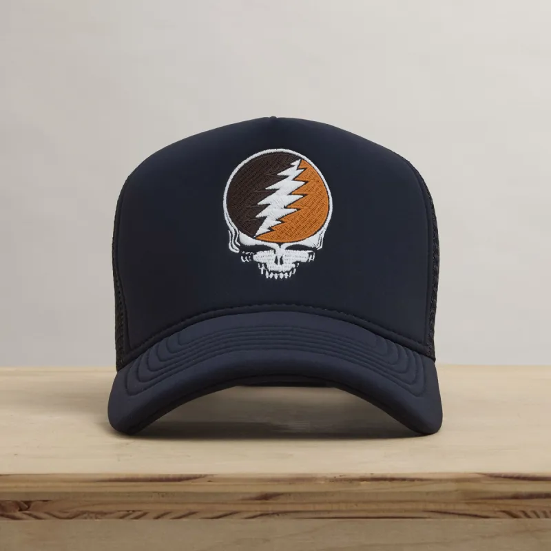 Grateful Dead Multicolor Skull Embroidery Trucker - Navy sold by James Perse