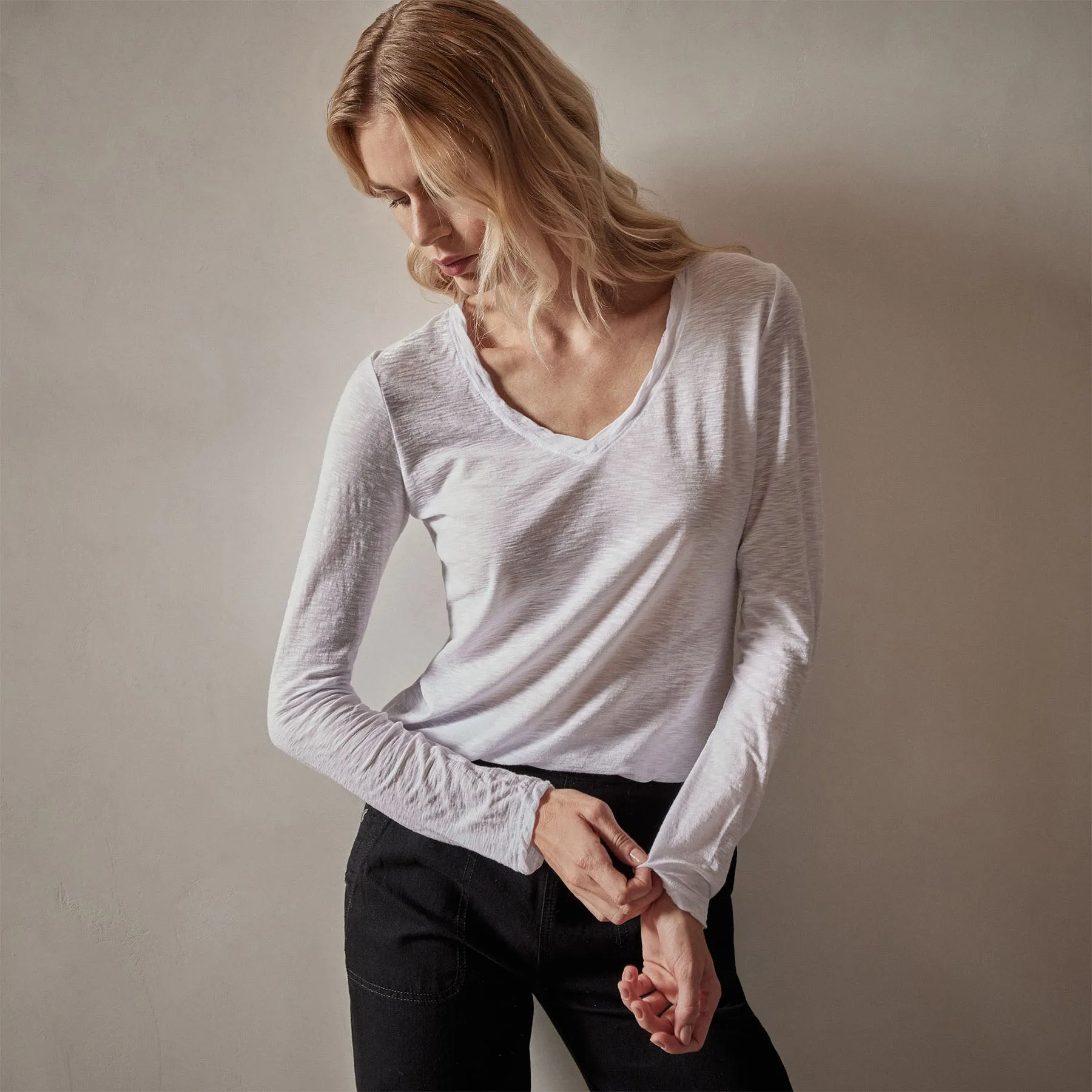 Sheer Slub Long Sleeve V Neck Tee - White sold by James Perse product image thumbnail 2