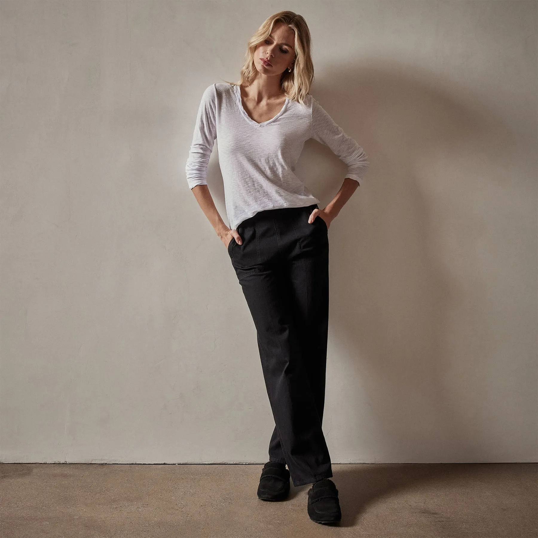 Sheer Slub Long Sleeve V Neck Tee - White sold by James Perse product image thumbnail 3