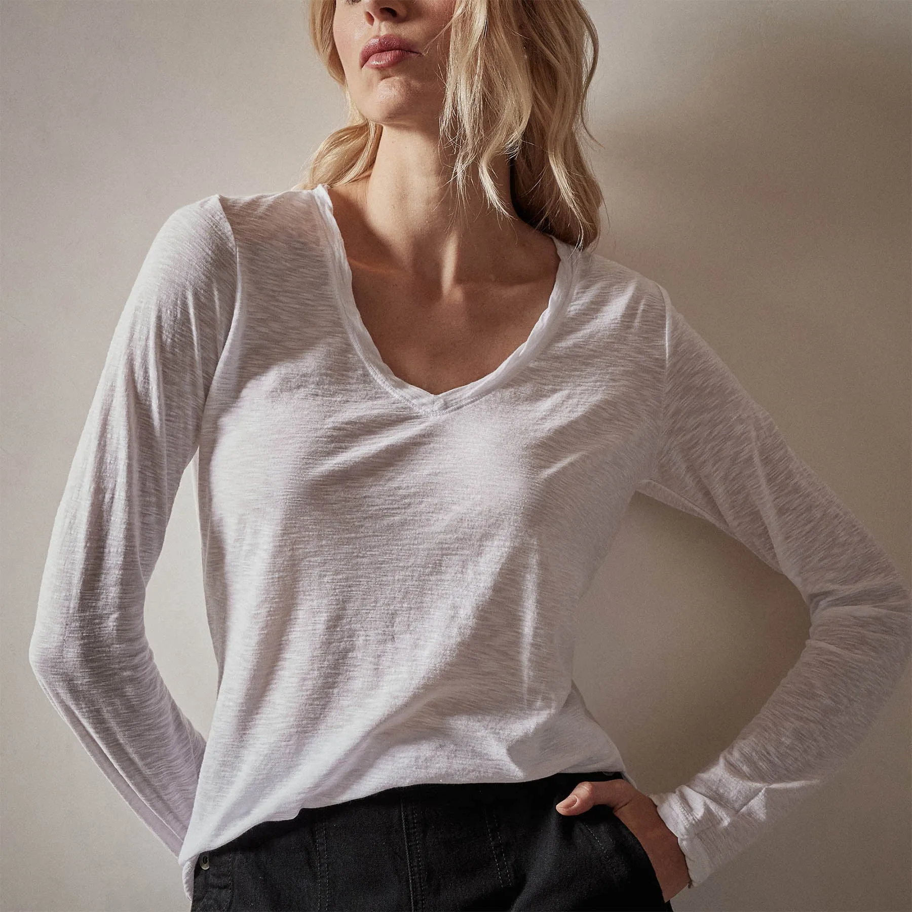 Sheer Slub Long Sleeve V Neck Tee - White sold by James Perse product image thumbnail 4