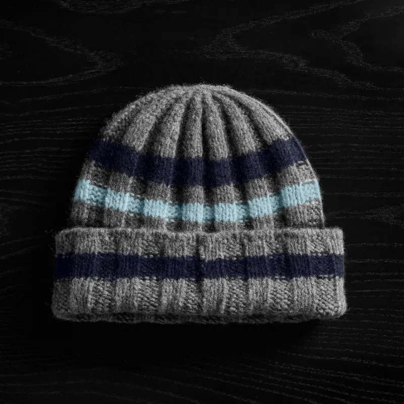 Stripe Cashmere Beanie - Thunder/Deep Navy/Aqua sold by James Perse