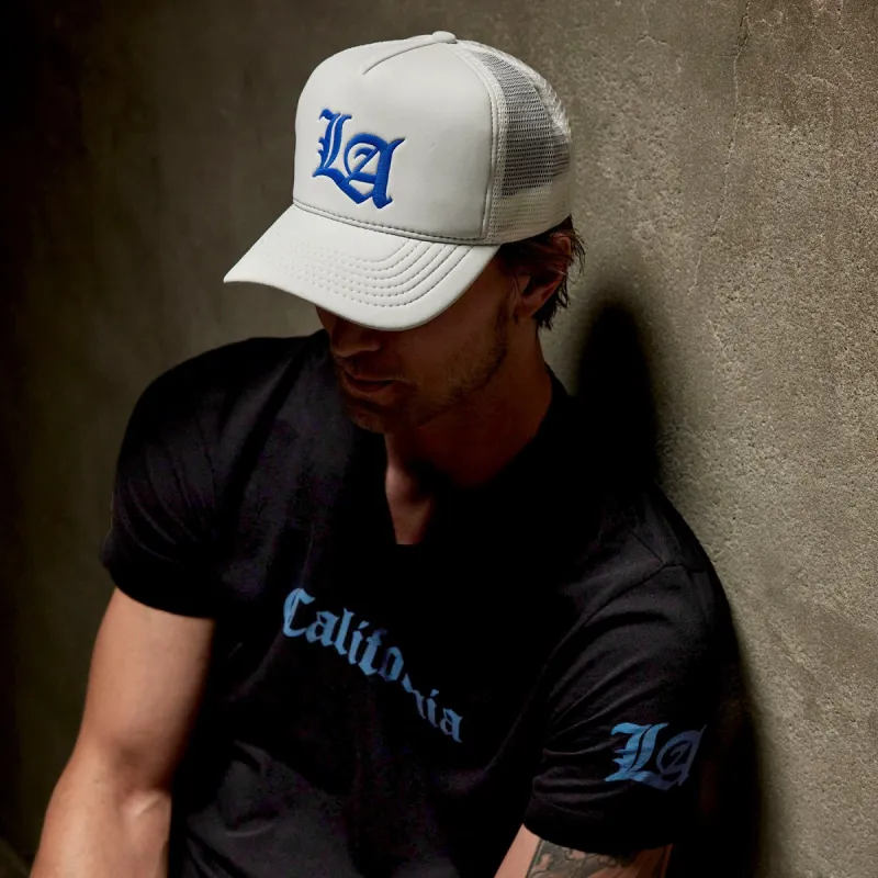 LA Embroidered Scuba Trucker Hat - White/Baltic Blue sold by James Perse