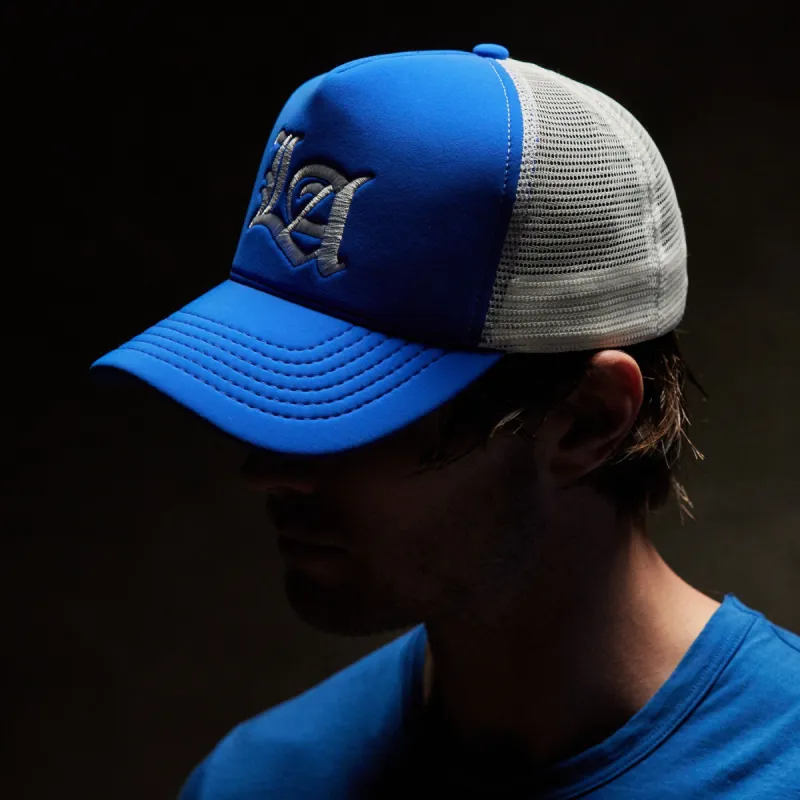 LA Embroidered Scuba Trucker Hat - Baltic Blue/White sold by James Perse