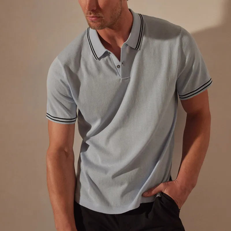 Double Retro Striped Polo - Bleached Blue/Black sold by James Perse
