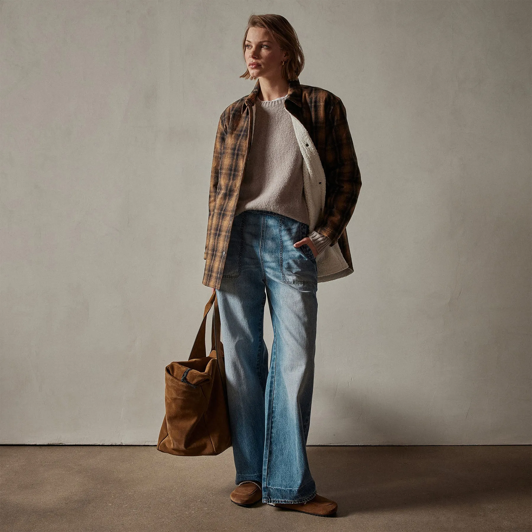 Sherpa Lined Plaid Jacket - Camel/Black sold by James Perse