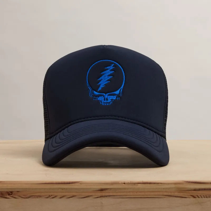 Grateful Dead Single Color Skull Embroidery Trucker - Navy sold by James Perse