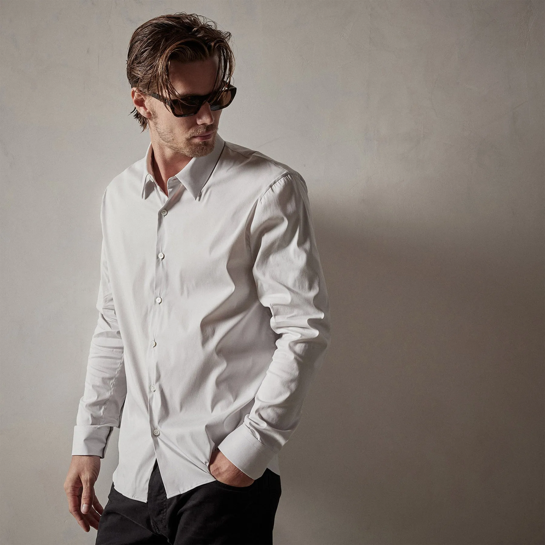Matte Stretch Poplin Dress Shirt - Silver sold by James Perse