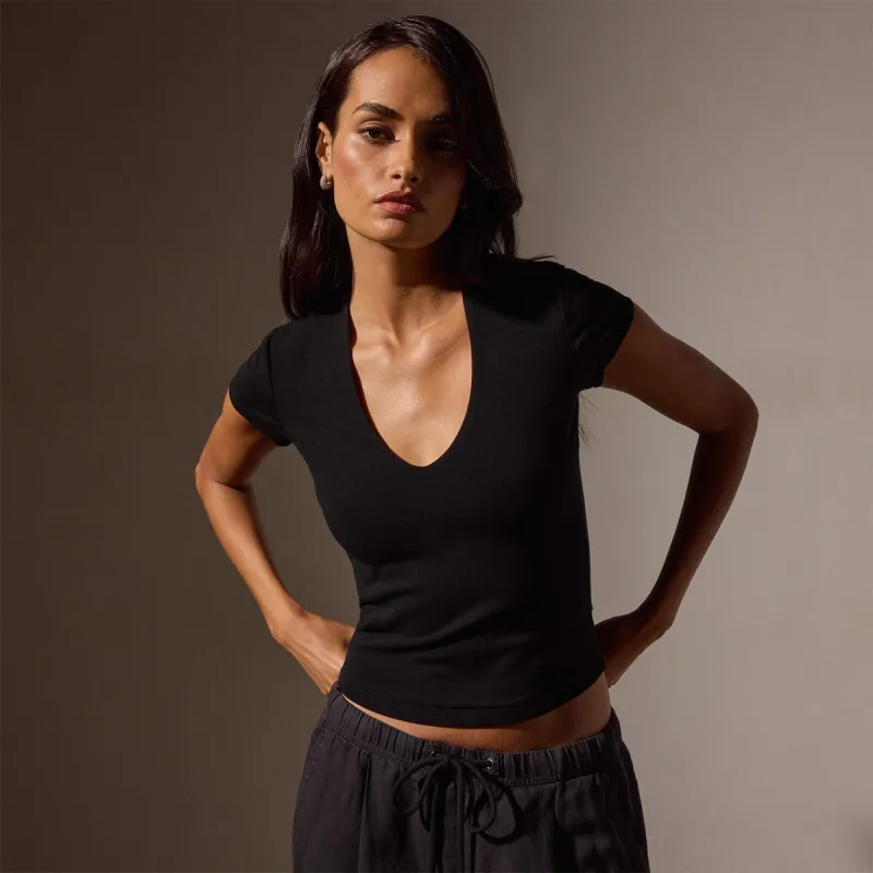 Stretch Lotus  Deep V Short Sleeve Tee - Black sold by James Perse