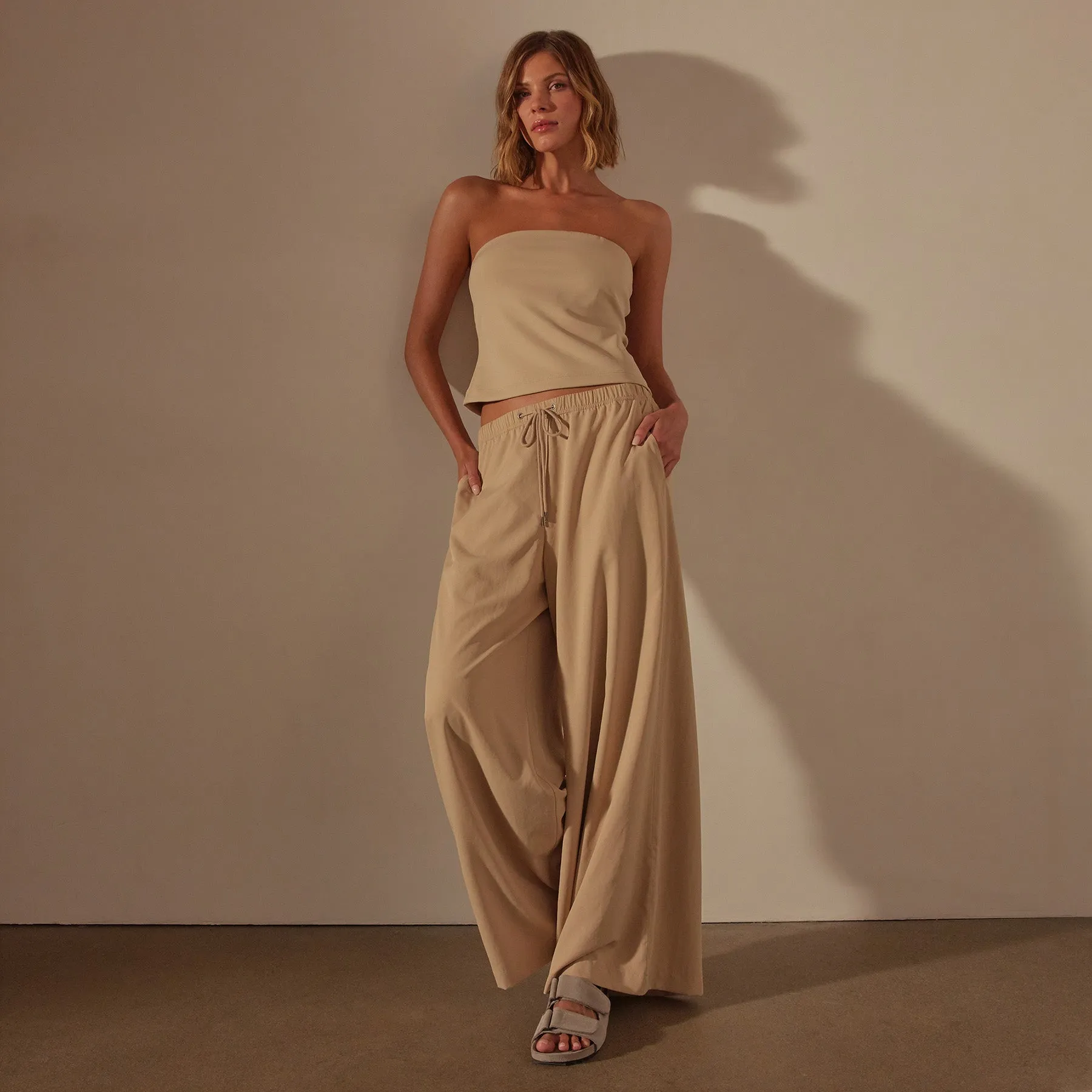 Lightweight Matte Satin Wide Leg Pant - Sand Dune sold by James Perse