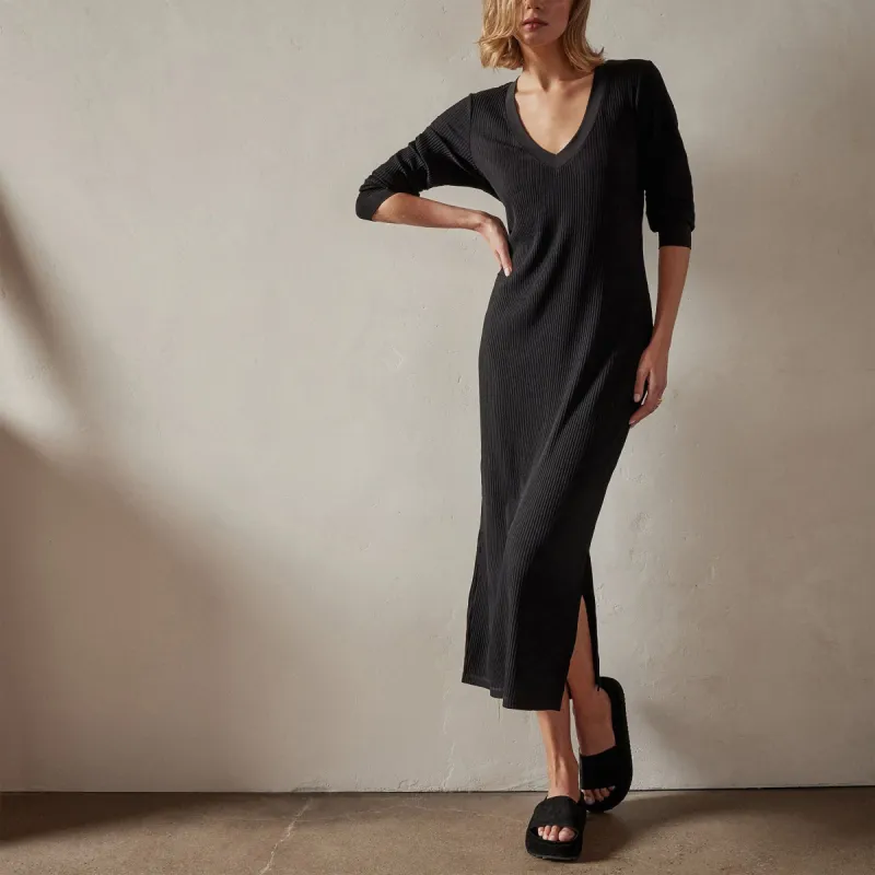 Ribbed V Neck Dress - Black sold by James Perse