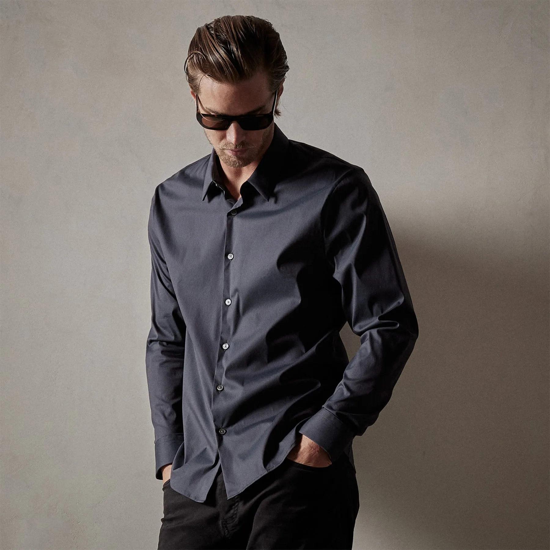 Matte Stretch Poplin Dress Shirt - Navy sold by James Perse