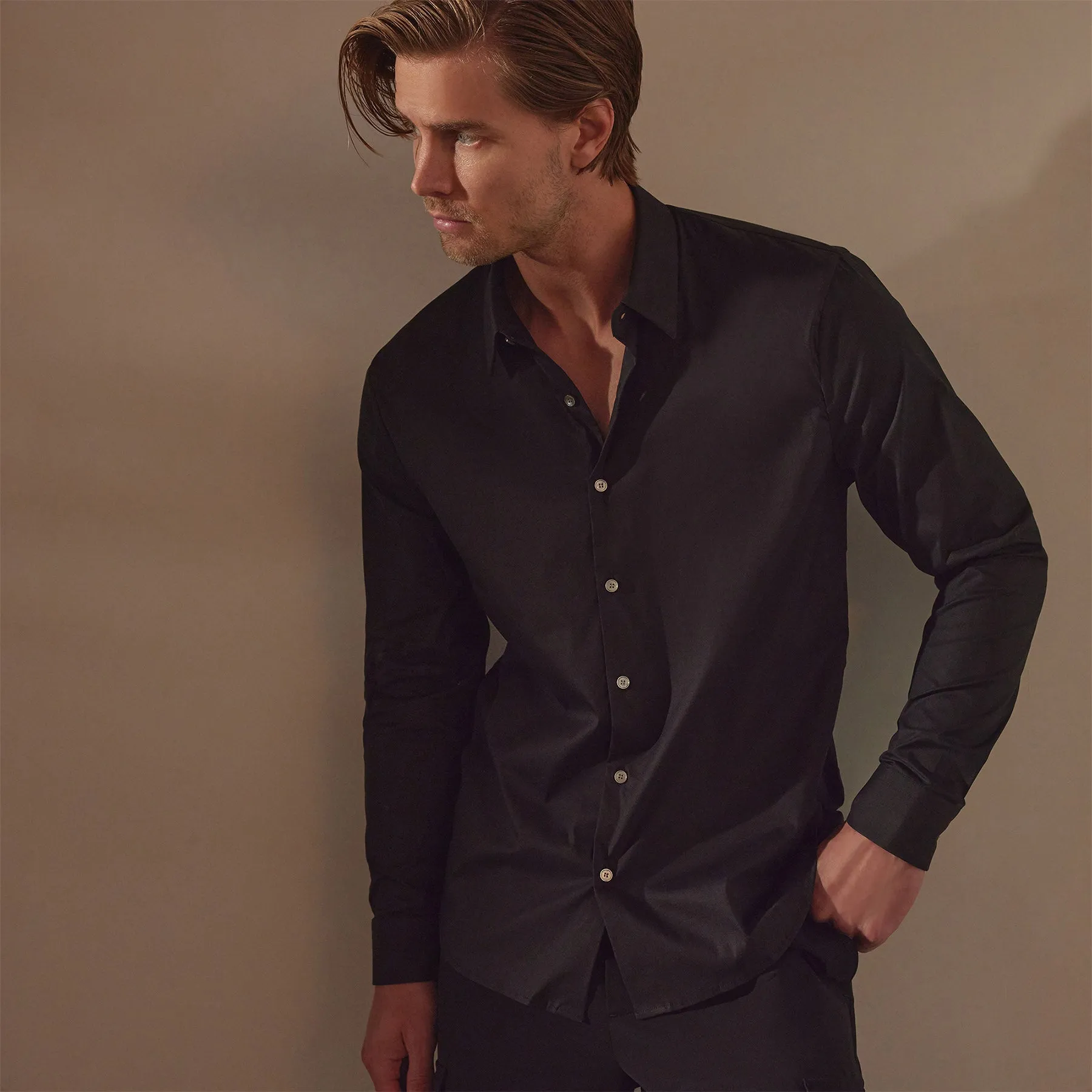 Matte Stretch Poplin Dress Shirt - Black sold by James Perse product image thumbnail 3