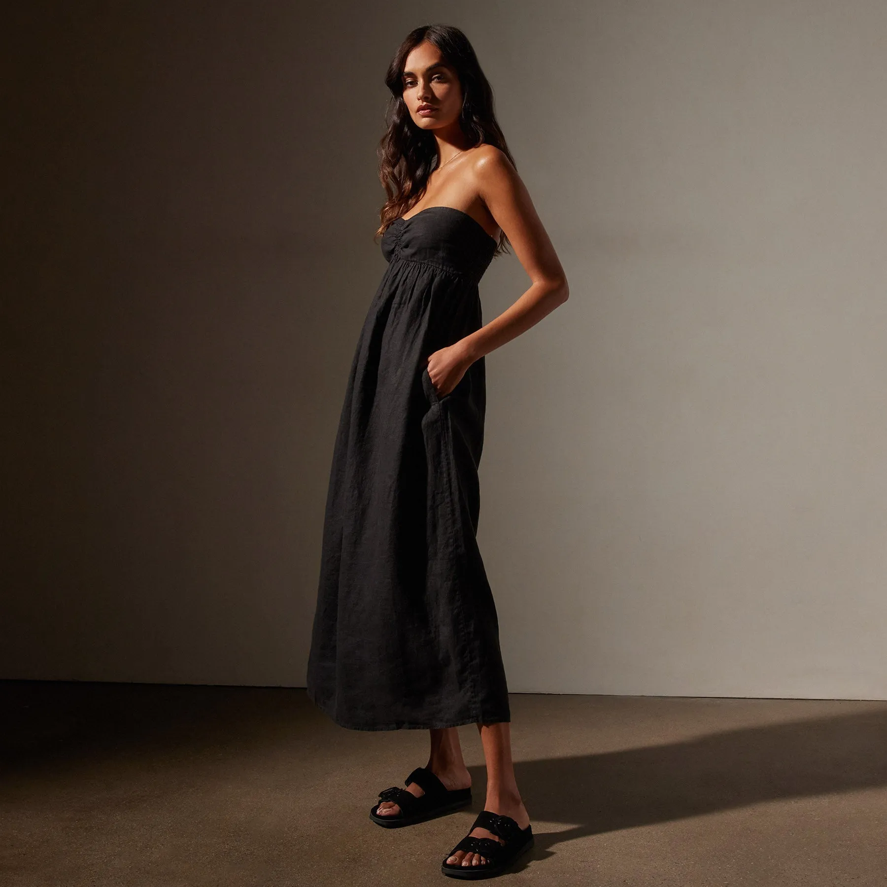 Linen Gathered Tube Dress - Black sold by James Perse