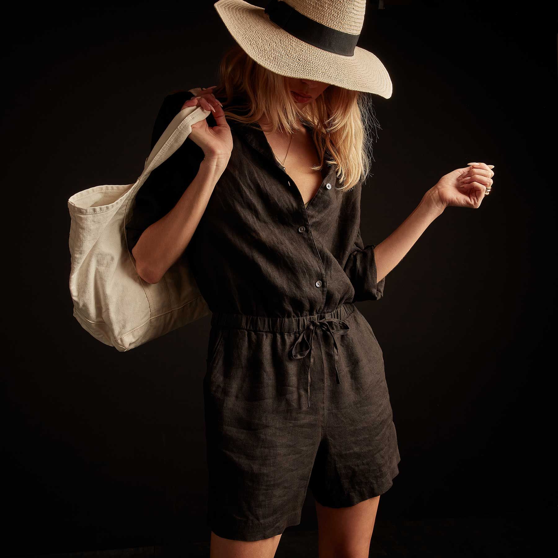 Long Sleeve Linen Shirt Romper - Black sold by James Perse product image thumbnail 2