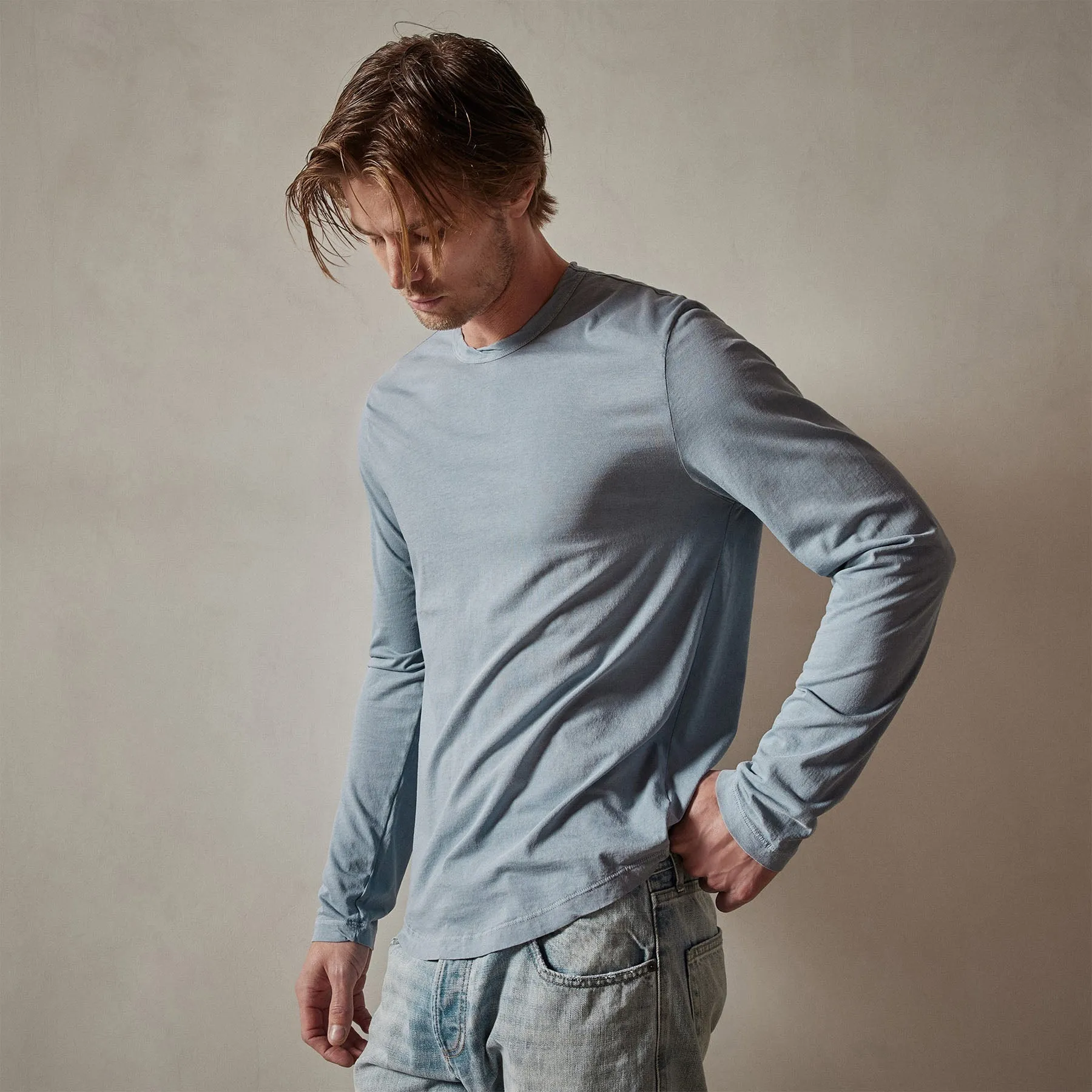 Shirttail Hem Crew - Bluestone Pigment sold by James Perse