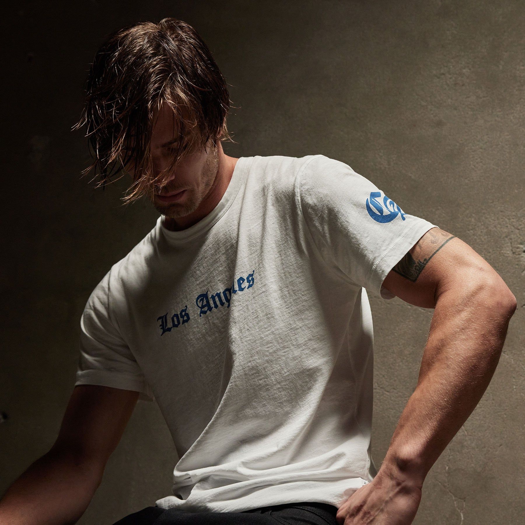 LA Gothic Short Sleeve Crew - White/True Blue sold by James Perse