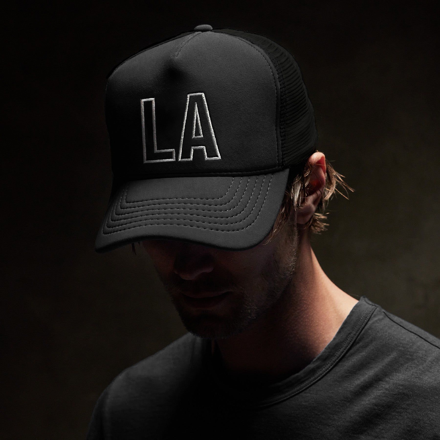 LA Graphic Embroidered Scuba Trucker Hat - Black sold by James Perse