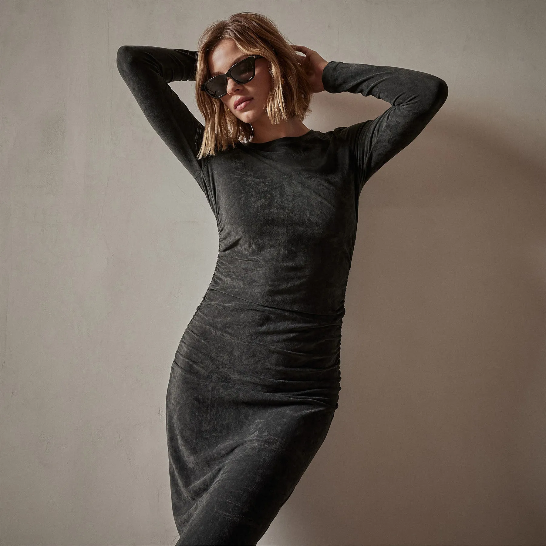Ruched Velvet Long Sleeve Dress - Carbon sold by James Perse