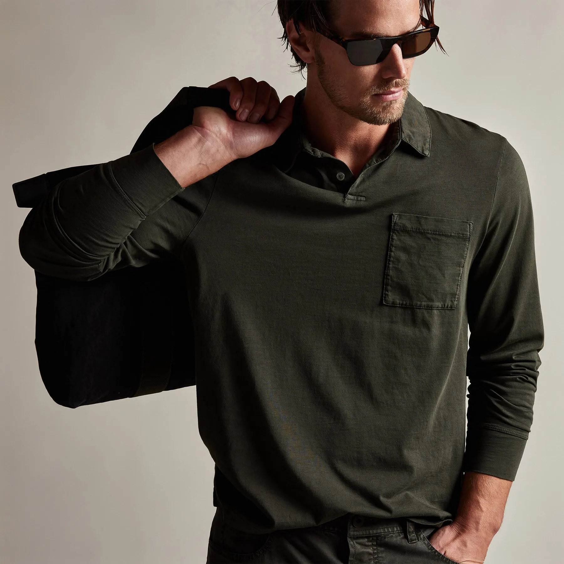 Sueded Jersey Rugby Polo - Dark Olive Pigment sold by James Perse