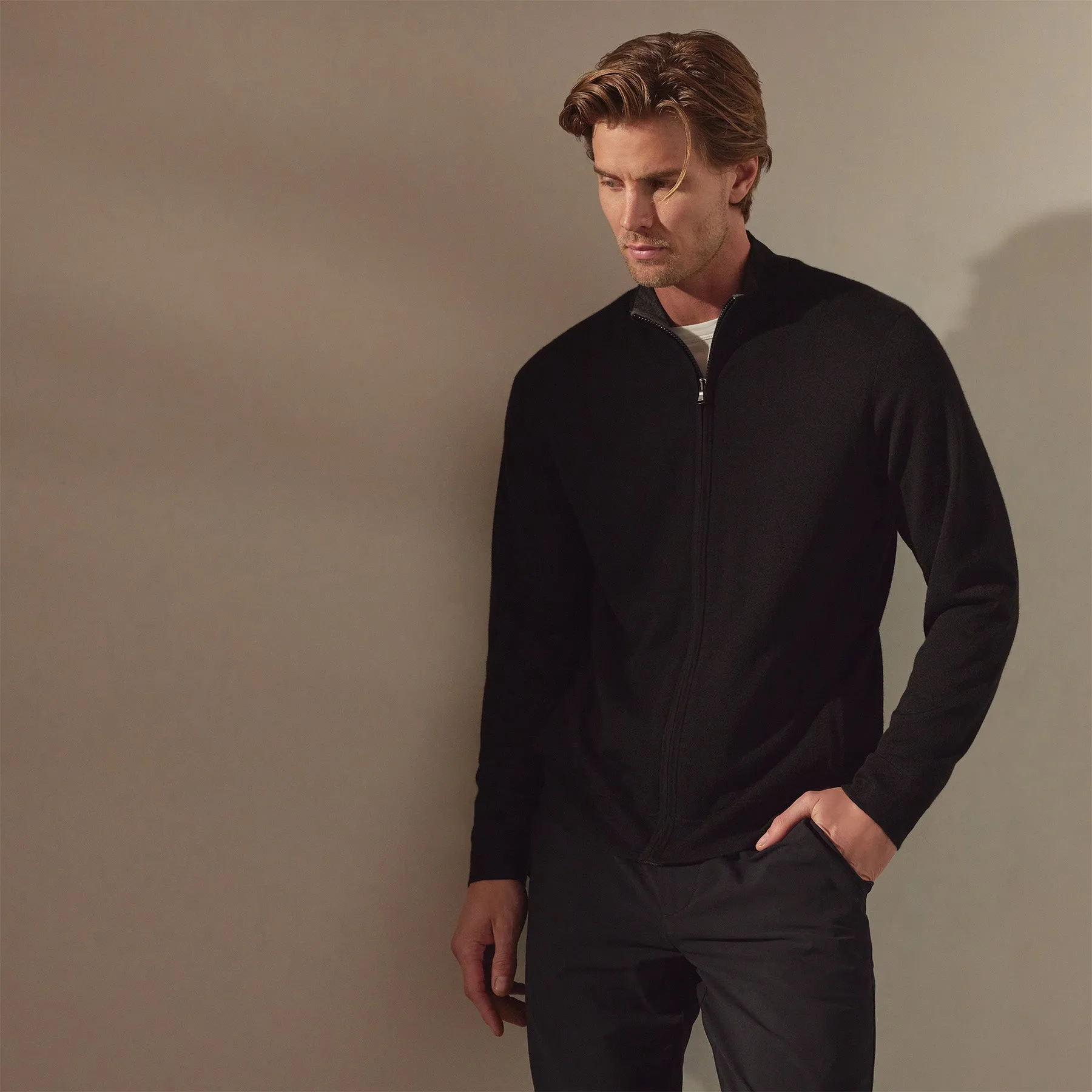 Lightweight Fine Gauge Cashmere Zip Up - Black/Charcoal sold by James Perse product image thumbnail 3