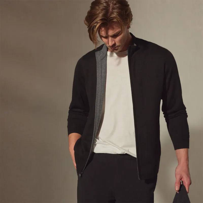 Lightweight Fine Gauge Cashmere Zip Up - Black/Charcoal sold by James Perse