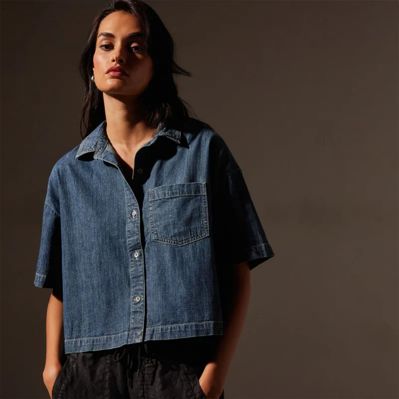Washed Denim Cropped Shirt - Medium Wash sold by James Perse