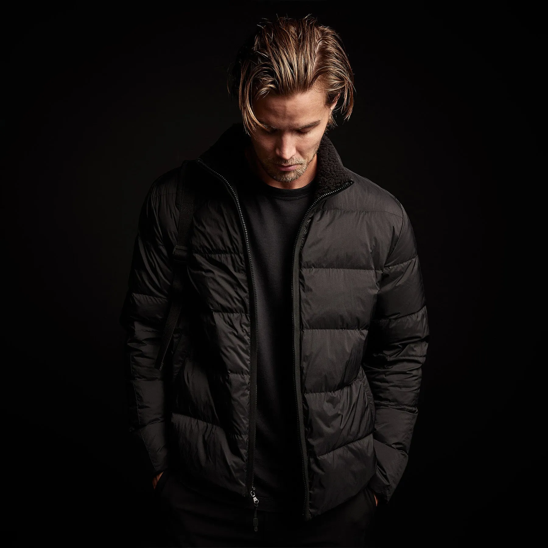 Side Stripe Puffer Jacket - Black/Black sold by James Perse