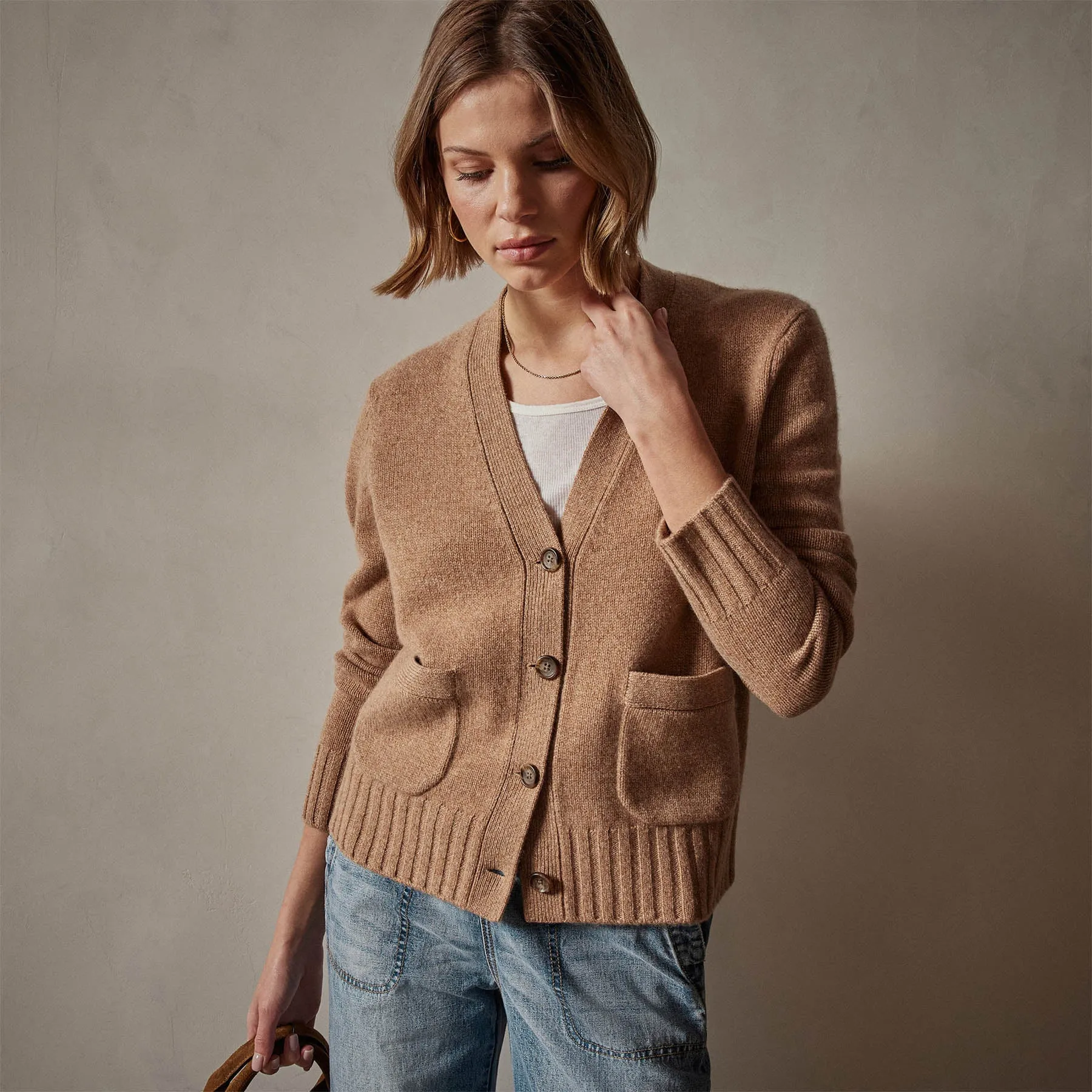 Shrunken Recycled Cashmere Cardigan - Caramel sold by James Perse