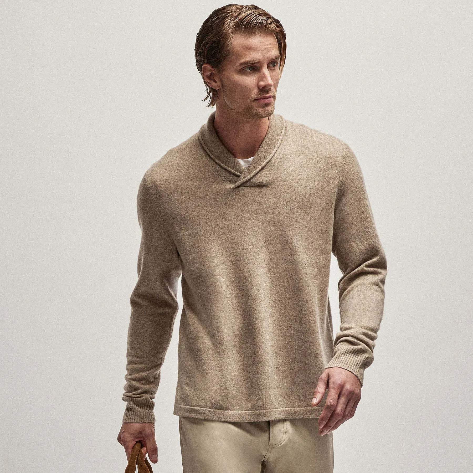 Recycled Cashmere Shawl Collar Sweater - Coyote sold by James Perse