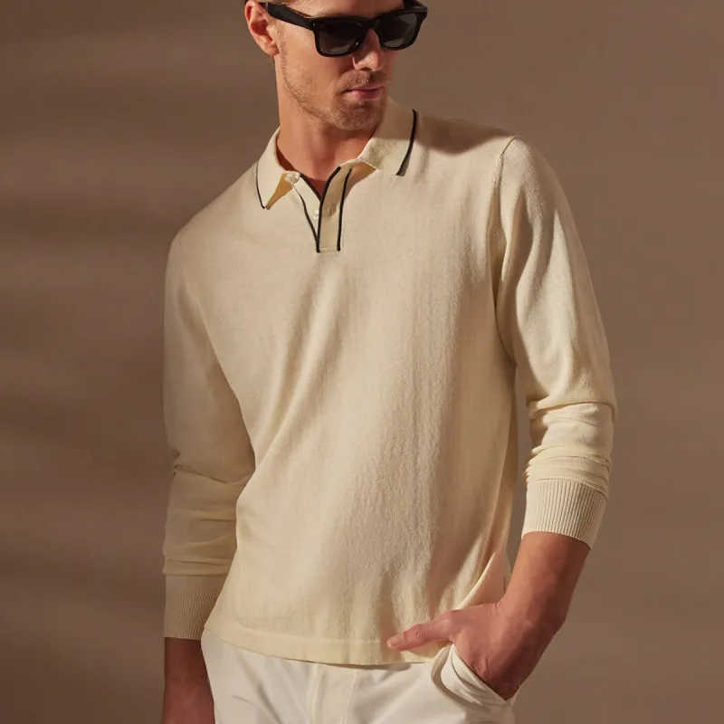Retro Tipped Long Sleeve Polo - Ivory/Black sold by James Perse