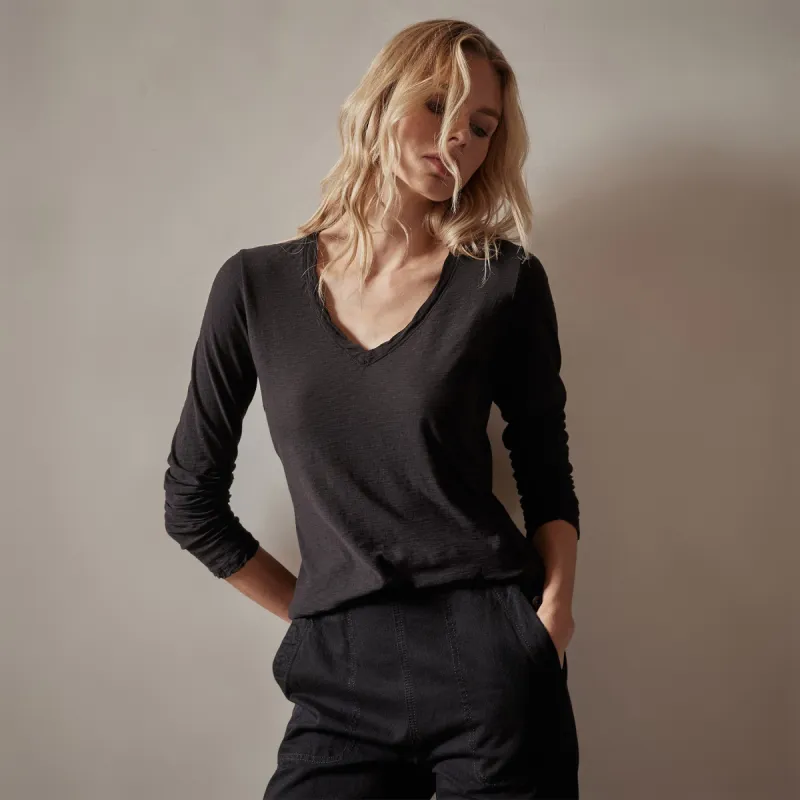 Sheer Slub Long Sleeve V Neck Tee - Black sold by James Perse