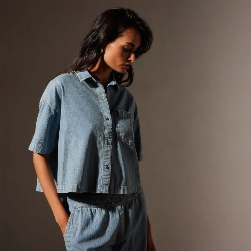 Short Sleeve Crop Denim Shirt - Bleach Wash sold by James Perse