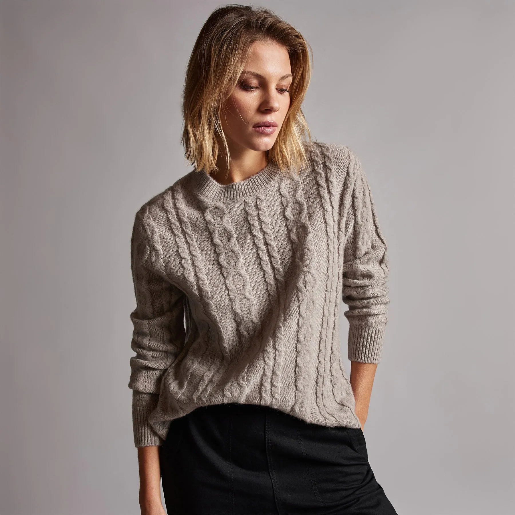 Mid Gauge Crew Cable Sweater - Silver Wheat sold by James Perse