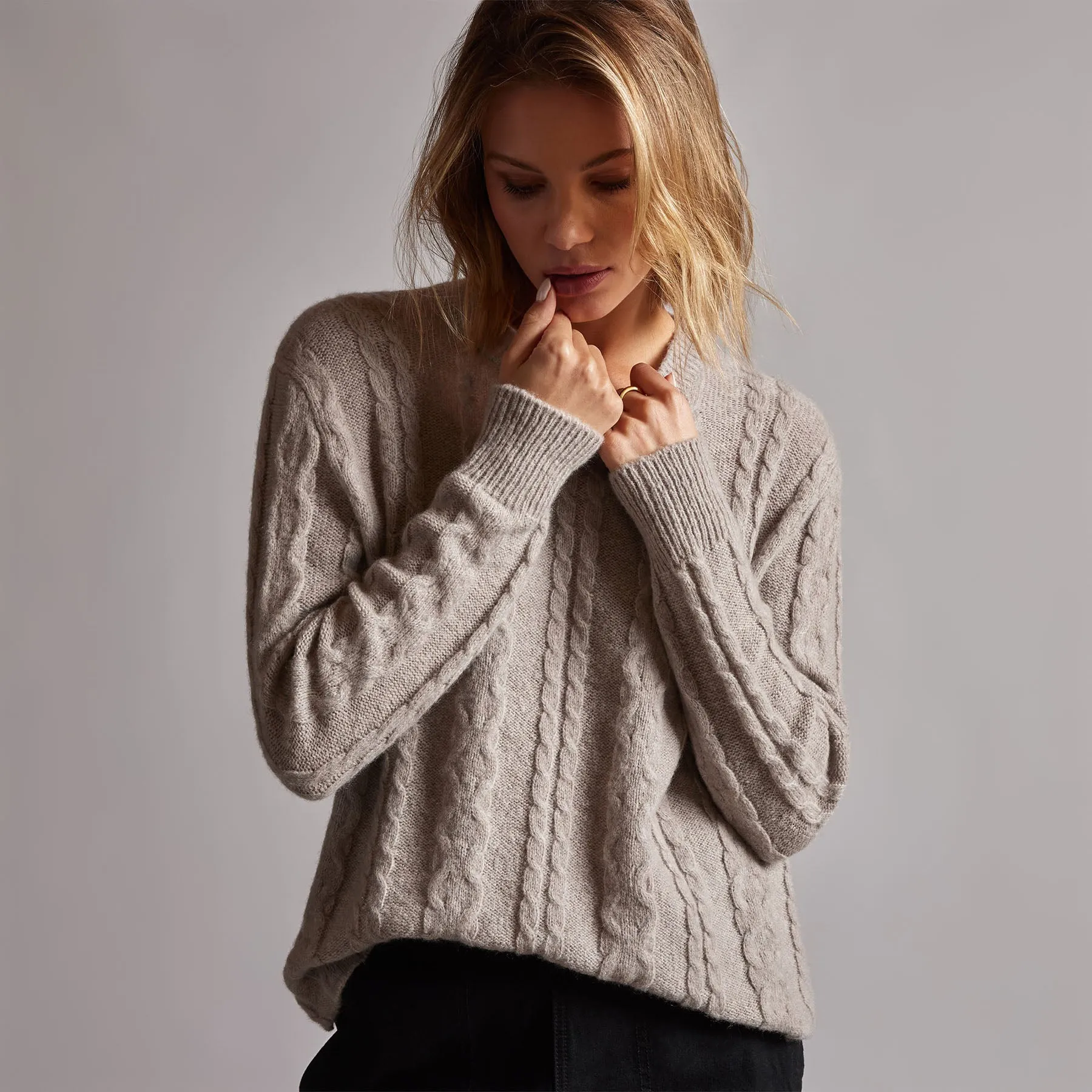 Mid Gauge Crew Cable Sweater - Silver Wheat sold by James Perse product image thumbnail 4