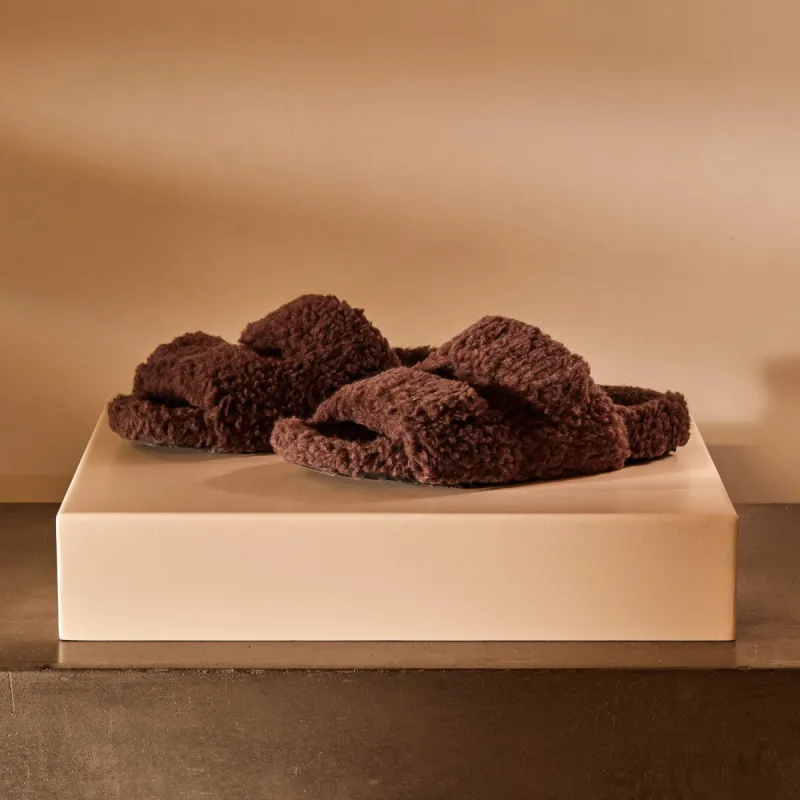 Women's Double Strap Shearling Slide - Chocolate sold by James Perse