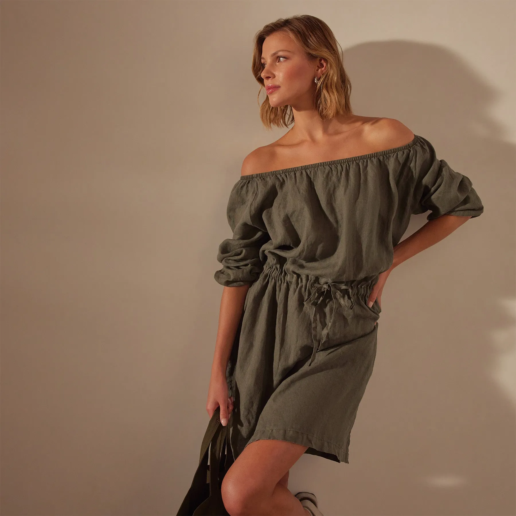 Gathered Linen Dress - Palm Pigment sold by James Perse