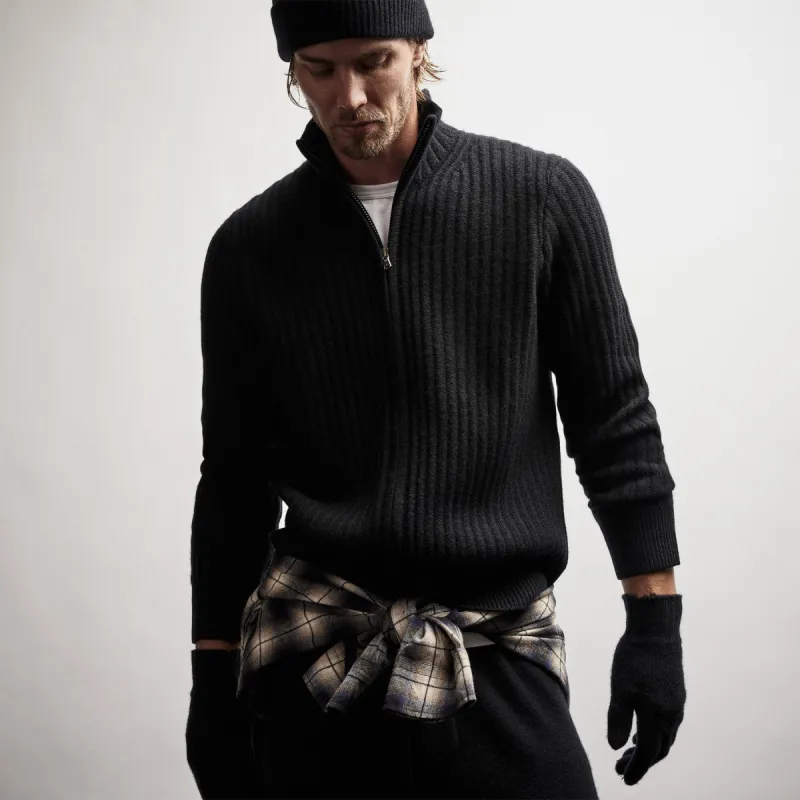 Recycled Cashmere Ribbed Zip Up - Black sold by James Perse