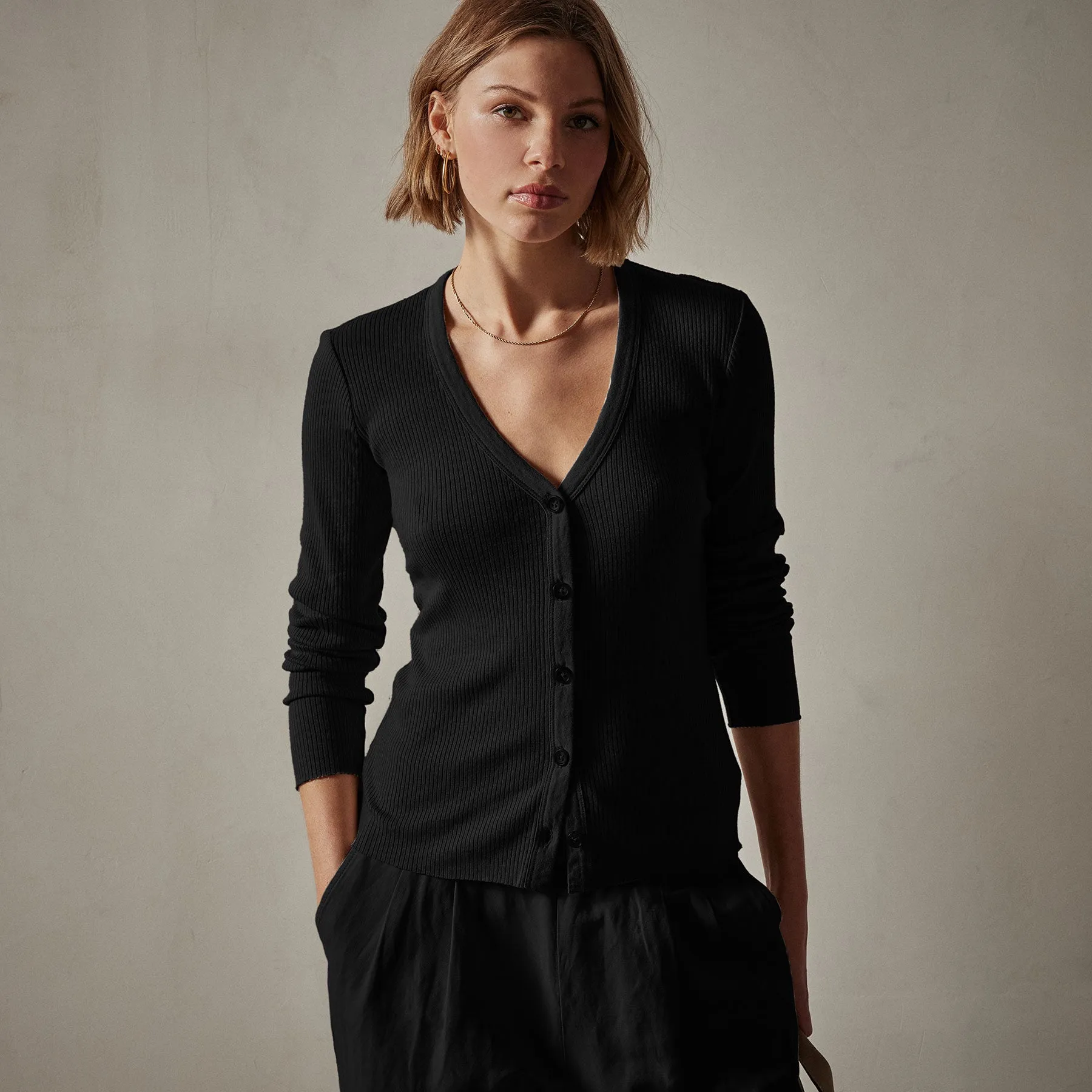 Cotton Cashmere Rib Cardigan - Black sold by James Perse