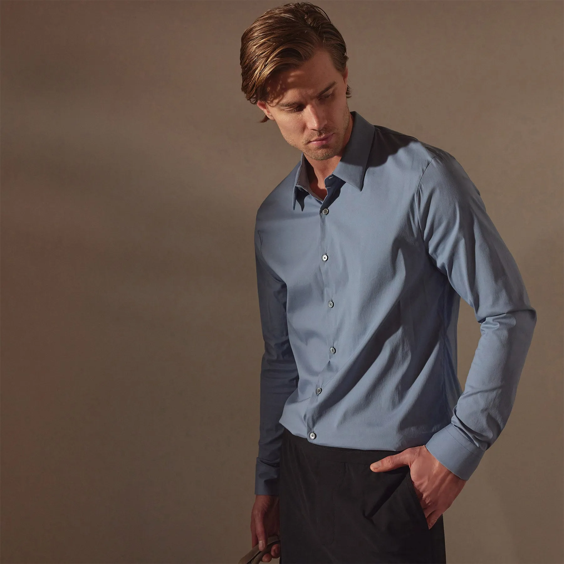 Matte Stretch Poplin Dress Shirt - Denim sold by James Perse