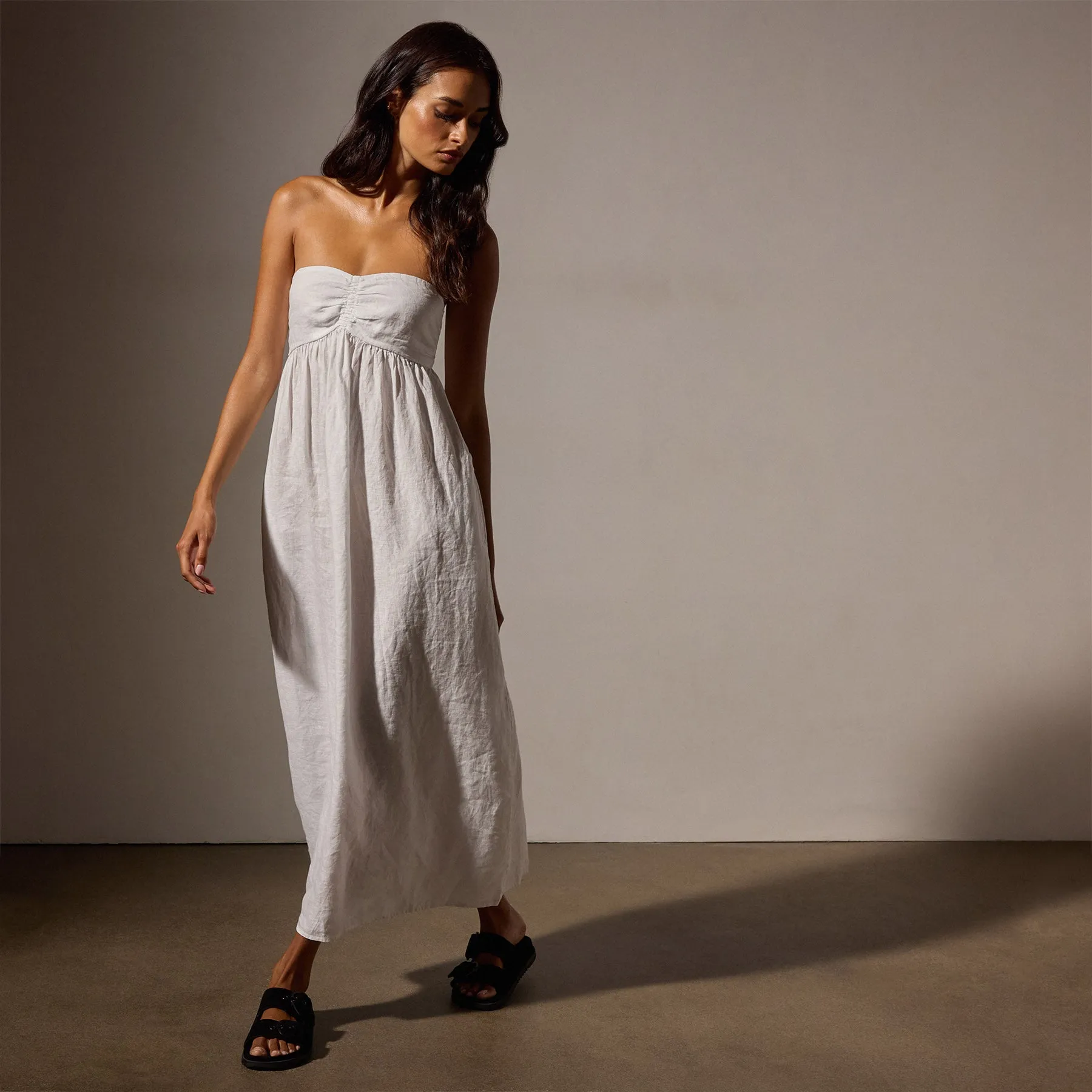 Linen Gathered Tube Dress - White sold by James Perse